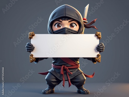 Adorable Cartoon Ninja Girl Holding Blank Sign Asian Female Character 3D Render photo