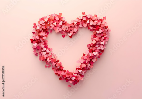 A vector illustration of small pink and red confetti hearts arranged in the shape of an empty heart frame, on a white background with space for text. 