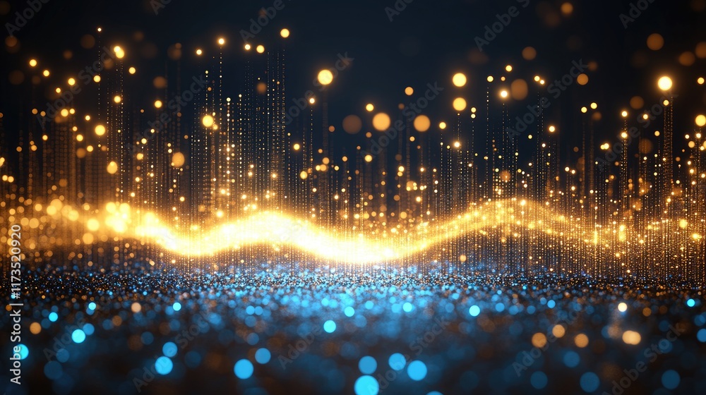 Fototapeta premium Abstract glowing wave of golden and blue particles