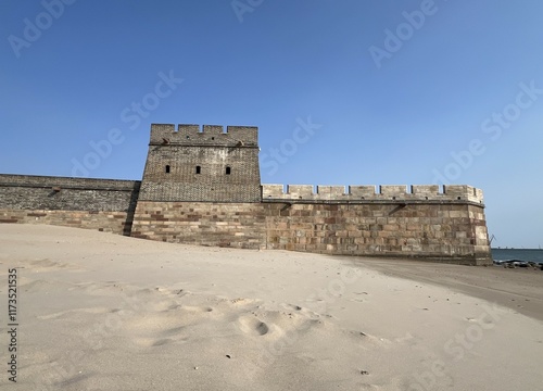 Frog profile view of the Great Wall of China easternmost point where the wall meets the Yellow Sea, Shanhai pass (