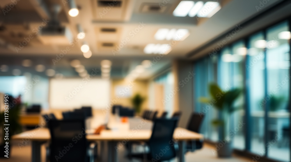 Fototapeta premium Soft blur of an office space with minimalist design and bright natural lighting, creating a calm work environment.