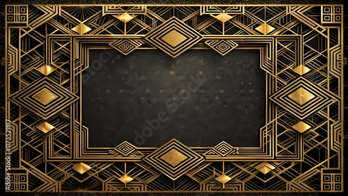 Art deco frame with golden geometric pattern on dark luxury background, digital art 