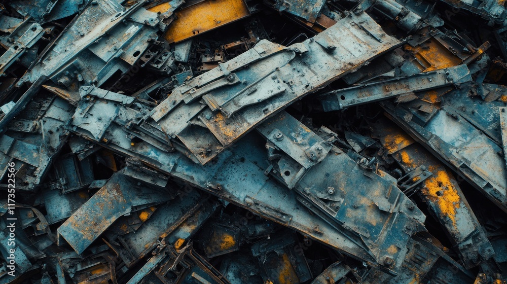 Aerial view of rusty metal scraps piled together, showcasing industrial waste. Aerial view of rusty metal scraps piled together, showcasing industrial waste.