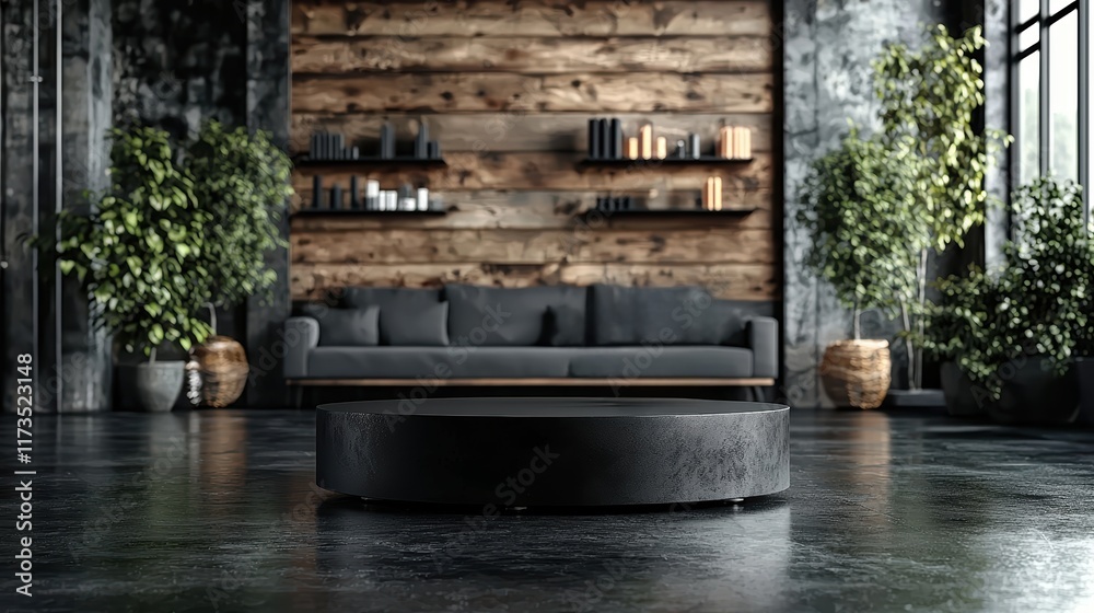 A modern living room featuring a dark sofa, wooden wall, and stylish decor with plants and a circular coffee table. A modern living room featuring a dark sofa, wooden wall, and stylish decor with plants and a circular coffee table.