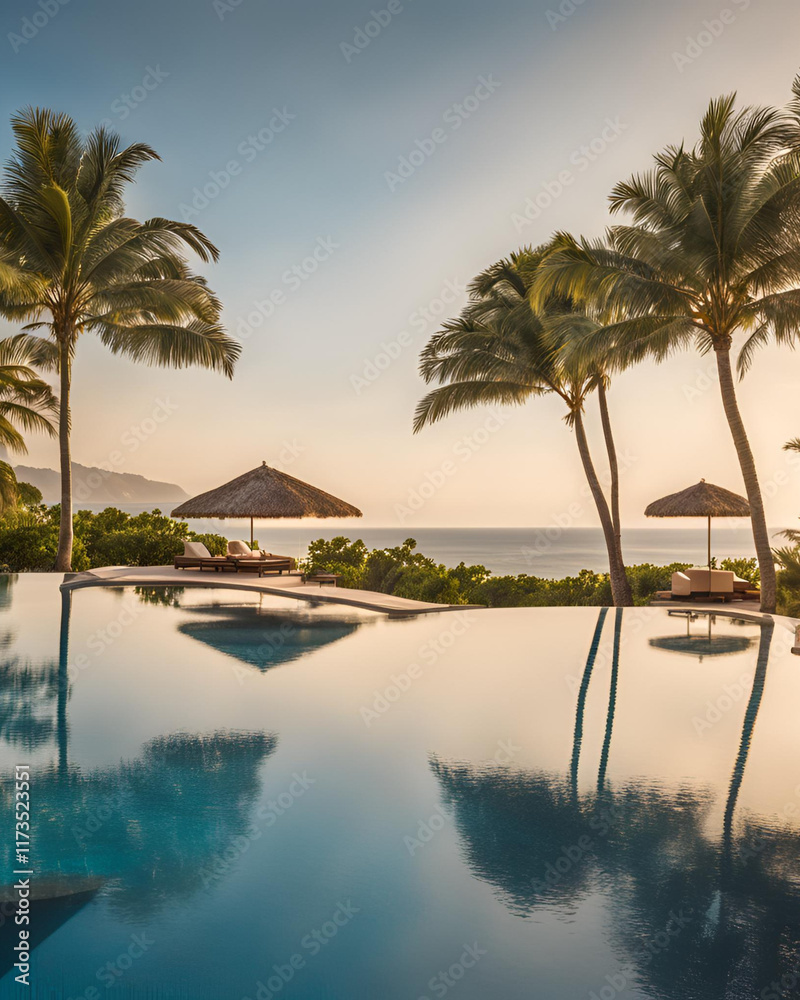 Obraz premium sea view, swimming pool, terrace bed, modern, luxury, beach house, blue sky, ocean view, beachfront, vacation home, outdoor lounge, infinity pool, tropical, luxury living, scenic view, coastal, relaxa