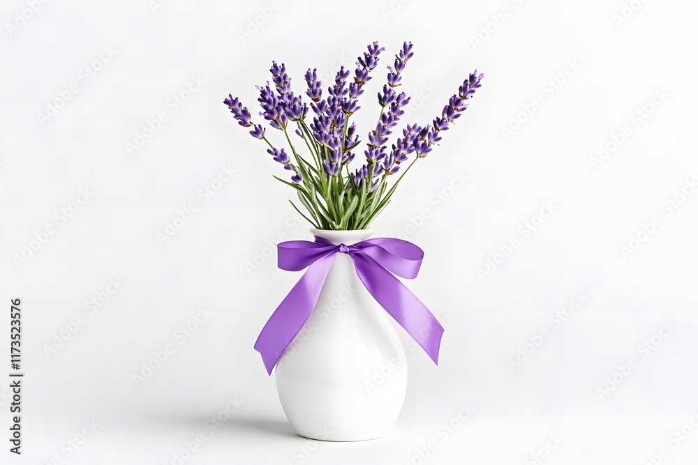 Obraz premium Lavender Flower Vase with Decorative Ribbon Symbolizing Beauty in Adversity