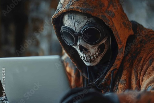 Mysterious figure in a hooded sweatshirt uses a laptop in a dimly lit, abandoned environment at dusk photo