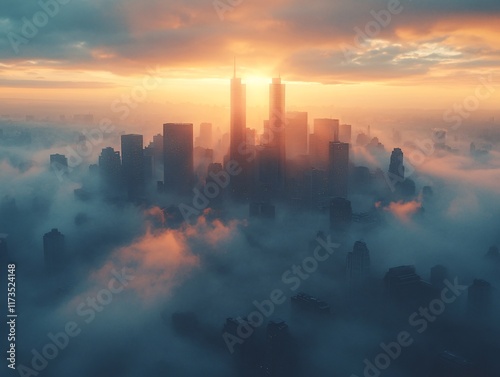 A breathtaking city skyline at sunrise, with tall skyscrapers emerging from a dense layer of mist and soft golden light illuminating the scene, symbolizing urban beauty and tranquility