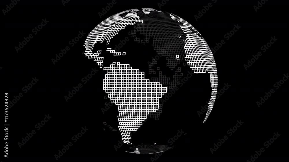 White Grid Pattern Globe World Rotating on Black Background Seamless Loop - Spinning globe made with square grid lines world map	