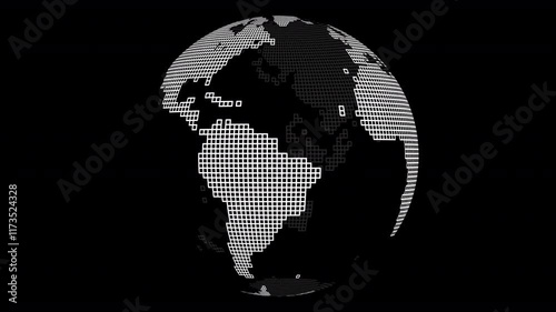 White Grid Pattern Globe World Rotating on Black Background Seamless Loop - Spinning globe made with square grid lines world map	