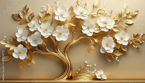 golden tree with white flowers decorates beige wall floral design looks like 3d wall mural gold branches white flowers create luxurious look gold vases white floral bouquets displayed on wall photo