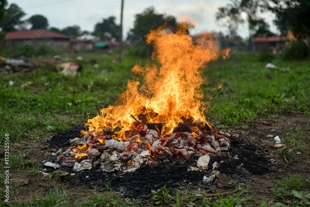 Fire burning in an open field at dusk creating smoke and light in a rural area Fire burning in an open field at dusk creating smoke and light in a rural area