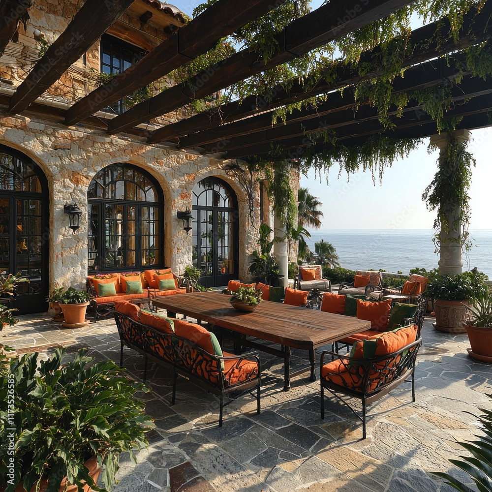 Obraz premium Coastal villa patio with pergola, ocean view, outdoor furniture