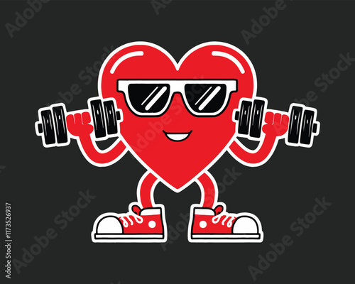 Heart character wearing sunglasses and lifting dumbbells. Strong heart lifting weight.