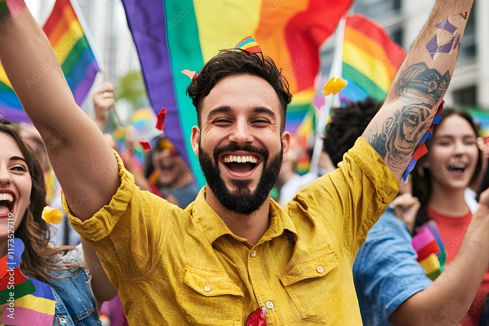 Diverse LGBTQ Community Celebrating Vibrant Pride Parade with Colorful Flags and Uplifting Expressions Diverse LGBTQ Community Celebrating Vibrant Pride Parade with Colorful Flags and Uplifting Expressions