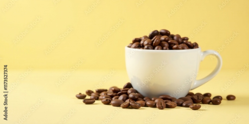 Aromatic Coffee Beans in a White Cup on a Pale Yellow Background Aromatic Coffee Beans in a White Cup on a Pale Yellow Background