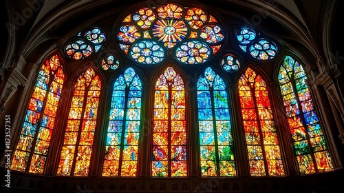 Large  colorful stained-glass window in a church  depicting religious scenes and symbols.