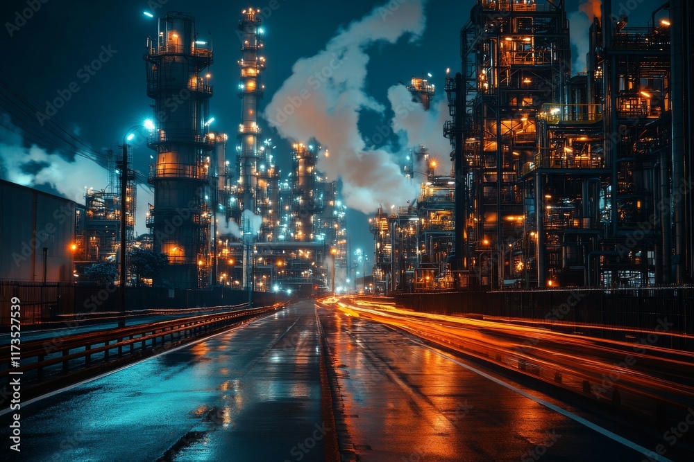 Fototapeta premium Nighttime view of a bustling industrial complex with illuminated structures and moving vehicles on a wet road