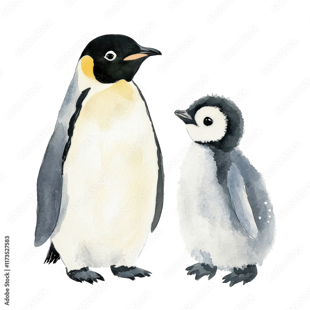 Obraz premium pair of watercolor penguins, one adult and one chick, stand together. adult penguin has distinctive black and yellow head, while chick is fluffy and gray, showcasing heartwarming bond