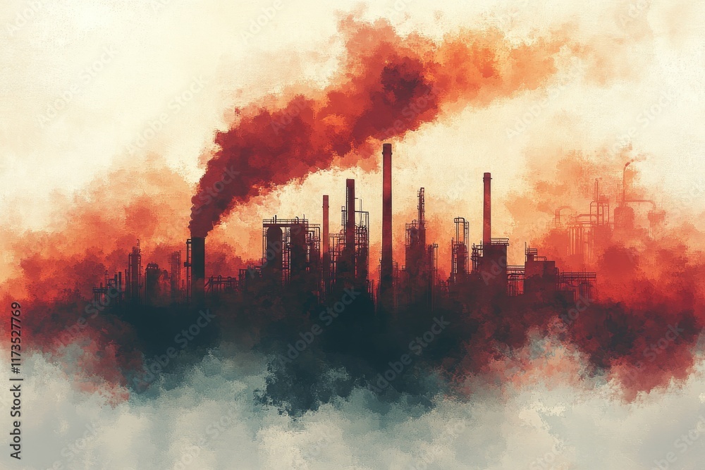 Obraz premium Industrial skyline shrouded in dark smoke and reddish haze during sunset hours