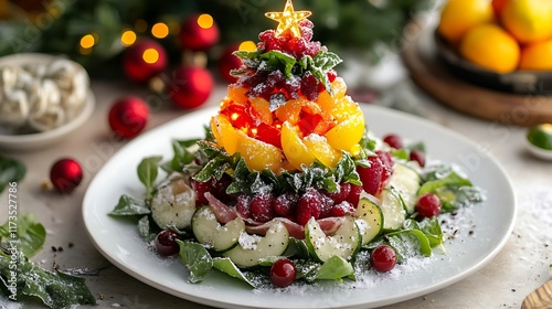 A capri salad with a holiday theme presented in the shape of a tree of lights photo