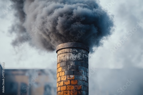 Smoke billowing from an industrial chimney against a clear sky in an urban setting