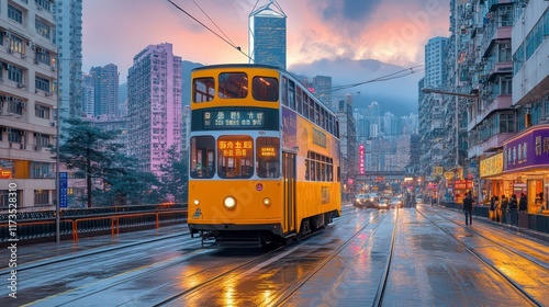 Yellow tram on wet street at sunset in a city with tall buildings.