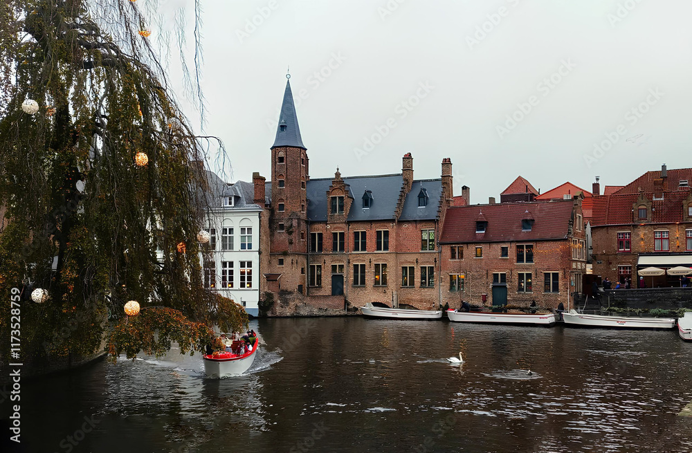 Fototapeta premium Bruges, canal, beautiful landscape, boats