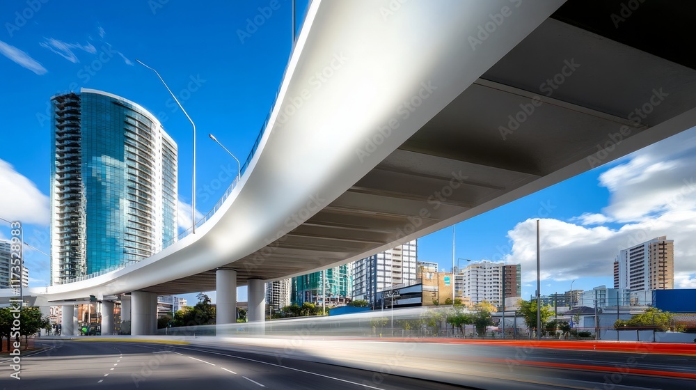 A highway overpass with motion blur set against a vibrant modern city background