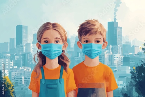 Children in masks standing together against a city skyline during a pandemic photo