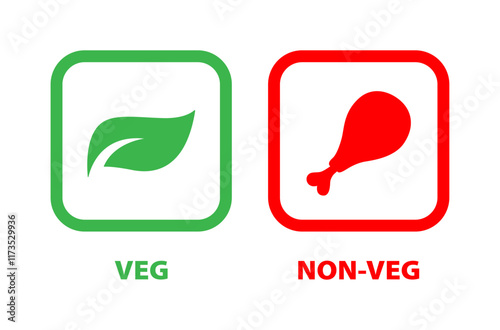 Veg and non-veg food icon. Leaf and meat symbol in square. Vegetarian and non-vegetarian symbols. Green dot and red dot in squares. Vegan and non-vegan food labels. Vector illustration.