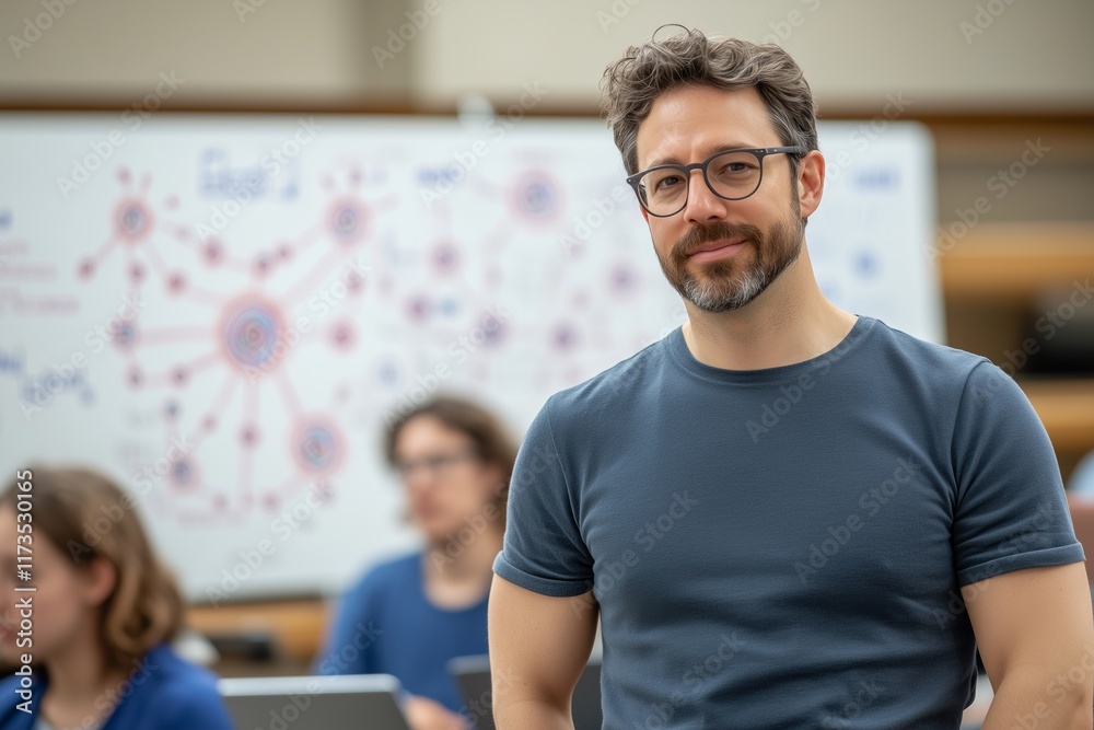 A confident data scientist standing in a workshop setting with a whiteboard displaying interconnected nodes and diagrams in the background. A confident data scientist standing in a workshop setting with a whiteboard displaying interconnected nodes and diagrams in the background.