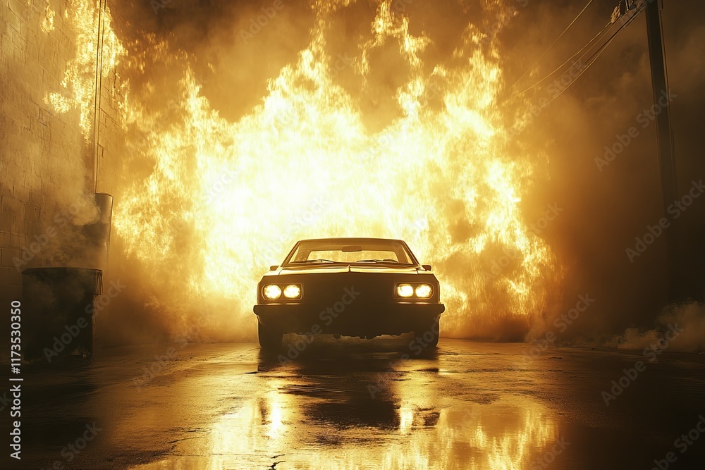 Fire engulfs alley as classic car drives through smoke in dramatic urban setting Fire engulfs alley as classic car drives through smoke in dramatic urban setting