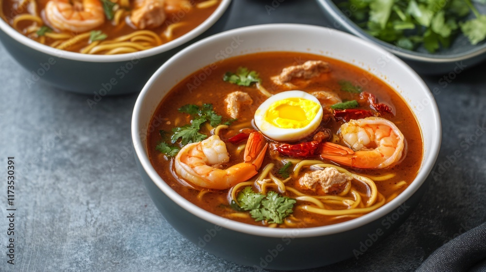 Delicious Spicy Shrimp Ramen Noodle Soup with Egg Delicious Spicy Shrimp Ramen Noodle Soup with Egg