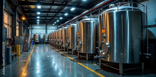 Modern beer factory storage tanks with machinery, beer, storage