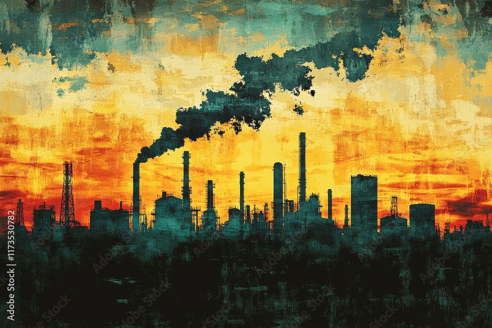 Industrial skyline with smoke billowing against a vibrant sunset background Industrial skyline with smoke billowing against a vibrant sunset background