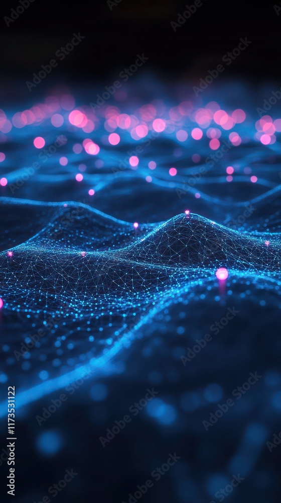 Abstract data visualization, network, digital landscape, with glowing points, light trails, and textured surface.