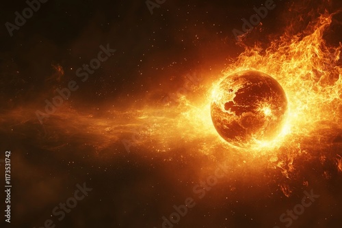 Burning planet surrounded by flames in a cosmic landscape during an astronomical event photo