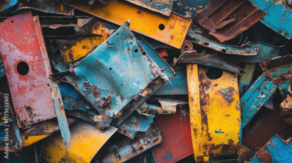 A collection of rusted, colorful metal scraps stacked together. A collection of rusted, colorful metal scraps stacked together.
