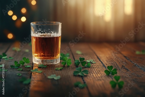 Glass of whiskey on rustic wood table with shamrocks and warm lighting photo