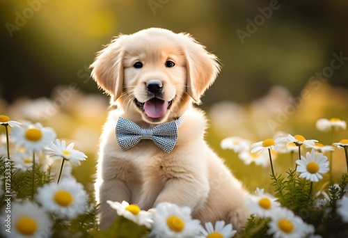 Puppy in Daisies with Happy Expression