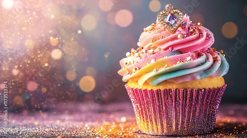 A colorful cupcake with swirling frosting topped with diamondshaped earrings and sparkling glitter