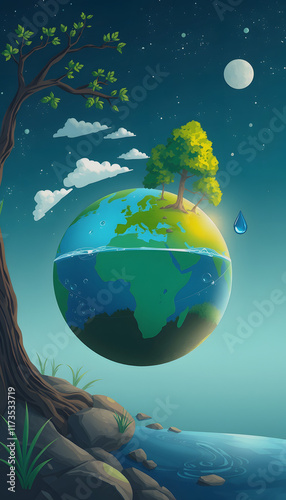 Ecocycle water cycle on planet earth concept Illustration, Side lit, with white tones photo