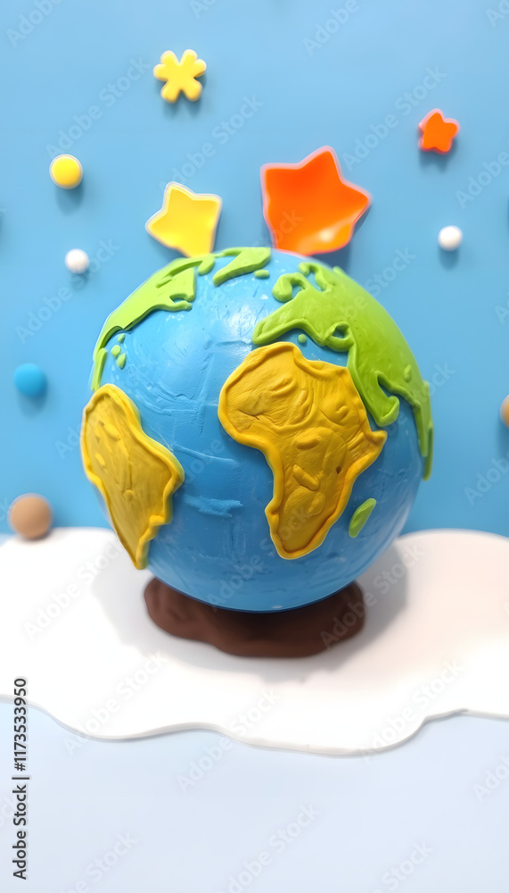 Obraz premium Handmade, children's art. Planet earth on a blue background, craft clay, with white tones