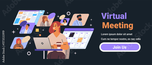 Virtual meeting online collaboration concept illustration. Diverse individuals on video call screens with a woman using a laptop dark background modern design