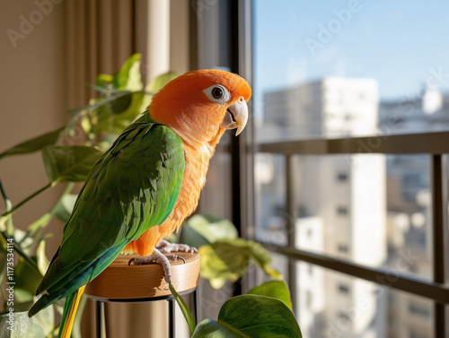 Colorful parrots perched indoors in modern, natural settings with vibrant lighting and lush greenery. Perfect for nature and lifestyle themes. photo