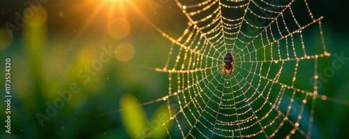 Morning spider web glistening with dew droplets, spider, dew photo