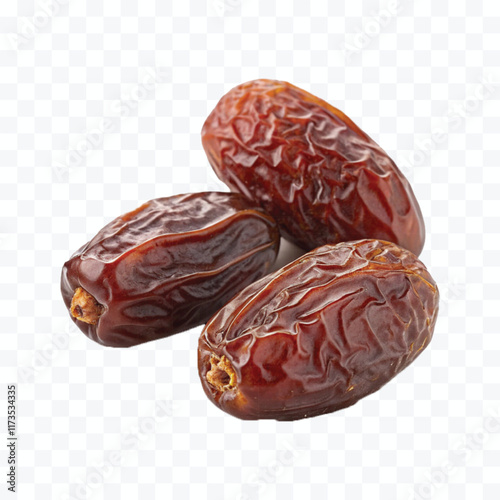 abstract 3d semi-dried dates or date palm fruits lie on palm leaves isolated on white background

