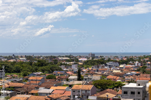 Fototapeta Naklejka Na Ścianę i Meble -  aerial view on beautiful sunny day on the beach in the city of Barra Velha Santa Catarina Brazil