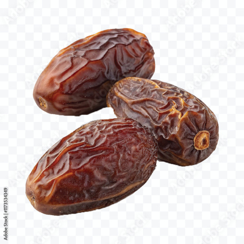 abstract 3d semi-dried dates or date palm fruits lie on palm leaves isolated on white background

